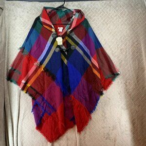 Lake Shore Drive Womens Poncho Toggle Closure Colorful Plaid Fringe Cottage Core